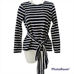 J Crew Womens Crossback Top Long Sleeve Belted Tie Blue White Striped Sz XS